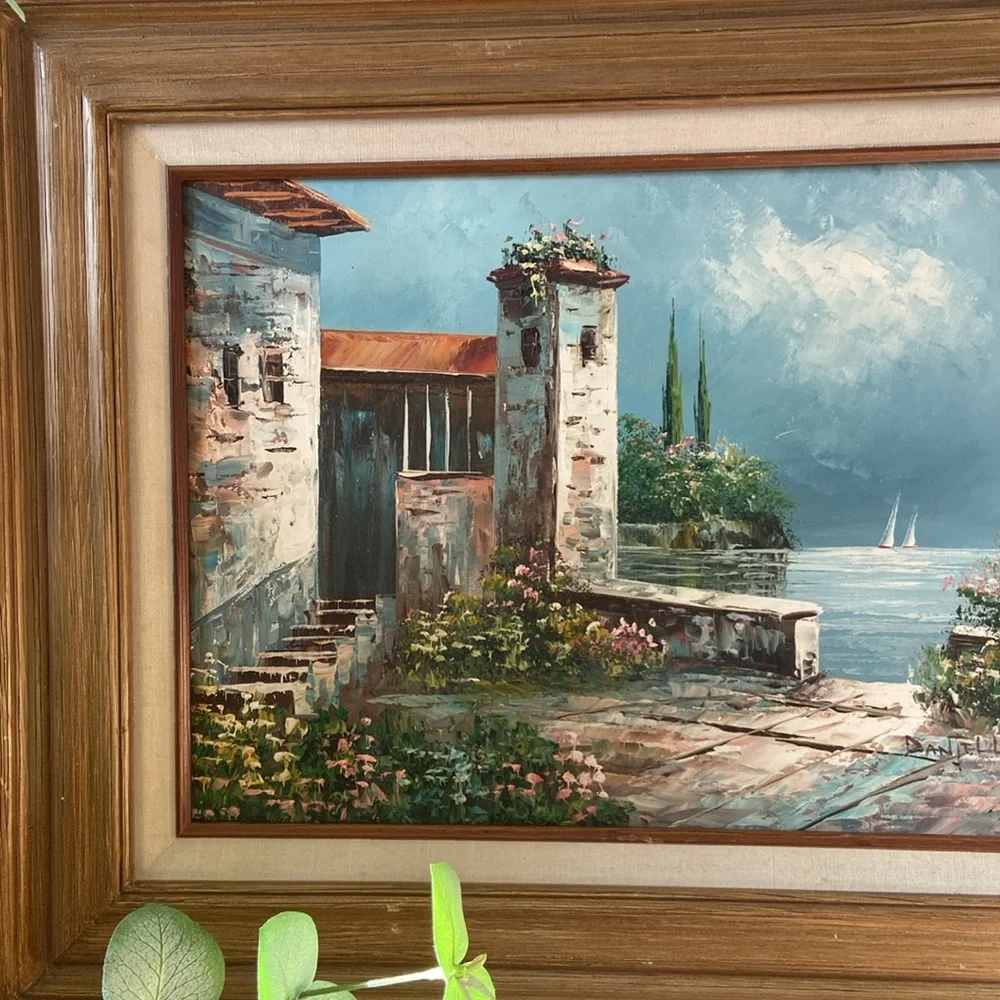 Vintage Original Oil Panting On Canvas Signed Artist D'aniello Large Seaside - Picture 2 of 7